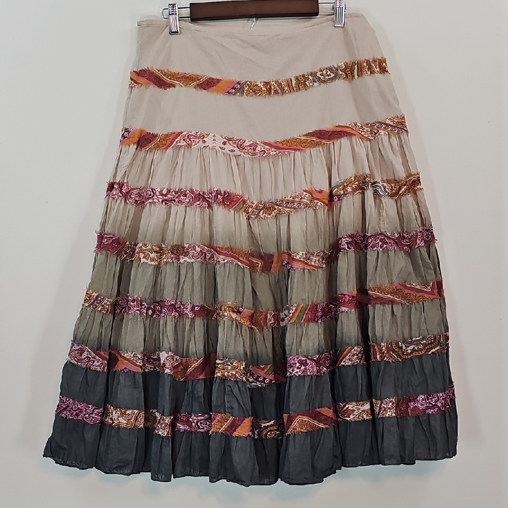 Tiered Boho Cotton Prairie Midi Skirt Sz 14 Patchwork Cottagecore Festival Folk